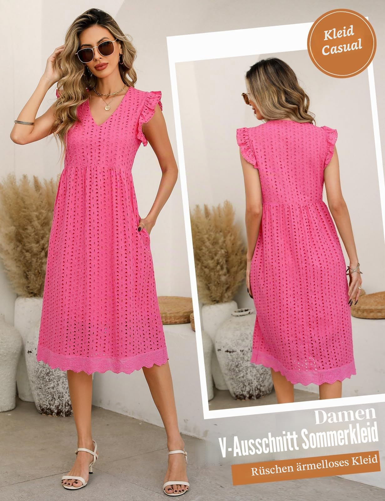 Sommerkleid Damen Lang V Ausschnitt Baumwolle Kleider Sommer Leicht A-Linien-Midikleid Freizeitkleid Damenkleider Lockeres Strandkleid mit Tasche