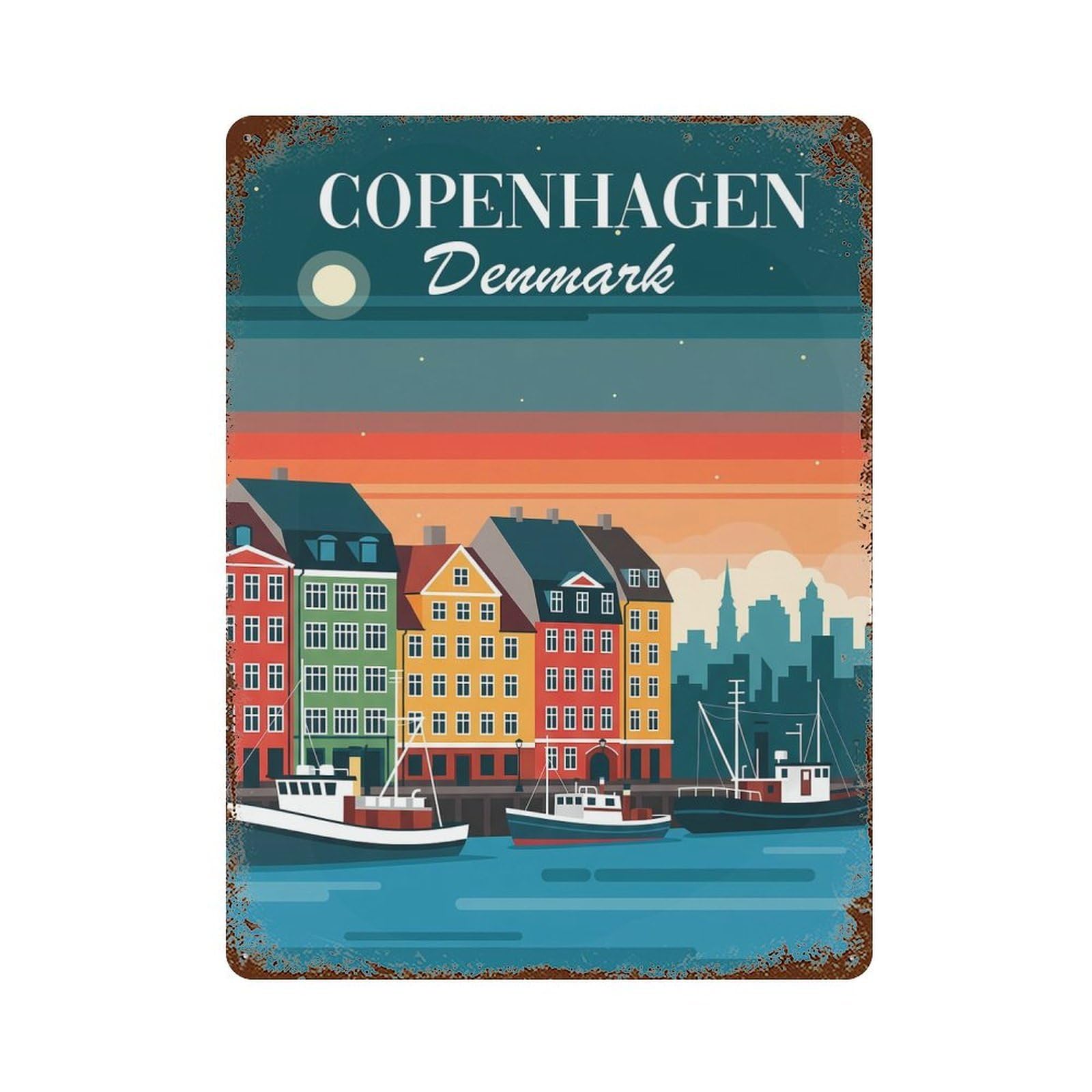 Garage Style Copenhagen Denmark Skyline Rust Effect Tin Sign 15.7"x11.8", Farmhouse Wall Decor for Bar And Workshop