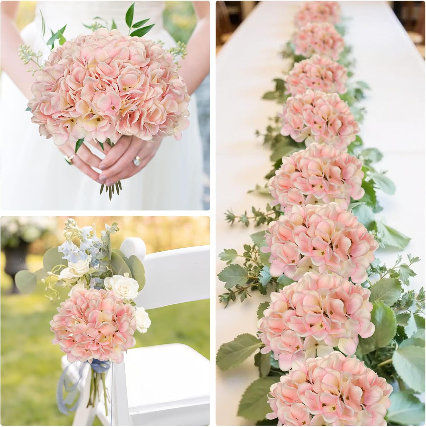 Hollyone 6 Pcs Light Pink Hydrangea Artificial Flowers Heads with Stems Silk Faux Hydrangea Pink Fake Flowers for Home Indoor Outdoor DIY Floral Wedding Flower Bouquets Kitchen Table Centerpiece Decor