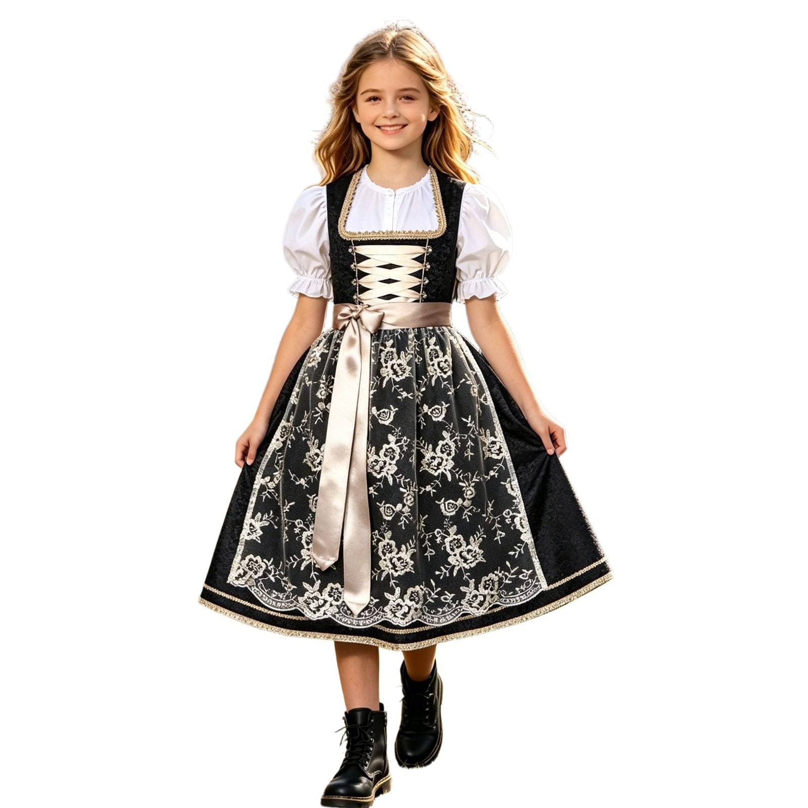 Dirndl Mädchen Trachtenkleid 2 Teilig Kinderdirndl Midi Trachtenkleid Knielang Dirndlkleid Elegante Dirndelkleider und Dirndlschürzen für Oktoberfest Outfit Hochzeit Kostüm Kinder Bayerisches Bierfest