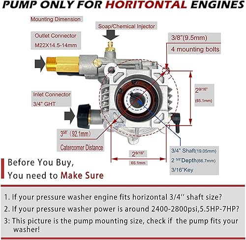 Miniatura 3 de 2400-2800PSI Bomba de repuesto para lavadora a presión, bomba de presión horizontal de 34 pulgadas de eje de repuesto para lavadora eléctrica