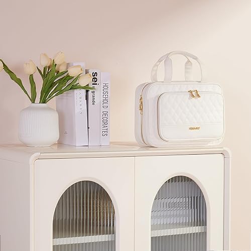 Miniatura 6 de VZAEMDEY Neceser de viaje para mujer, de piel sintética, resistente al agua, organizador de maquillaje con gancho para colgar, bolsa de cosméticos