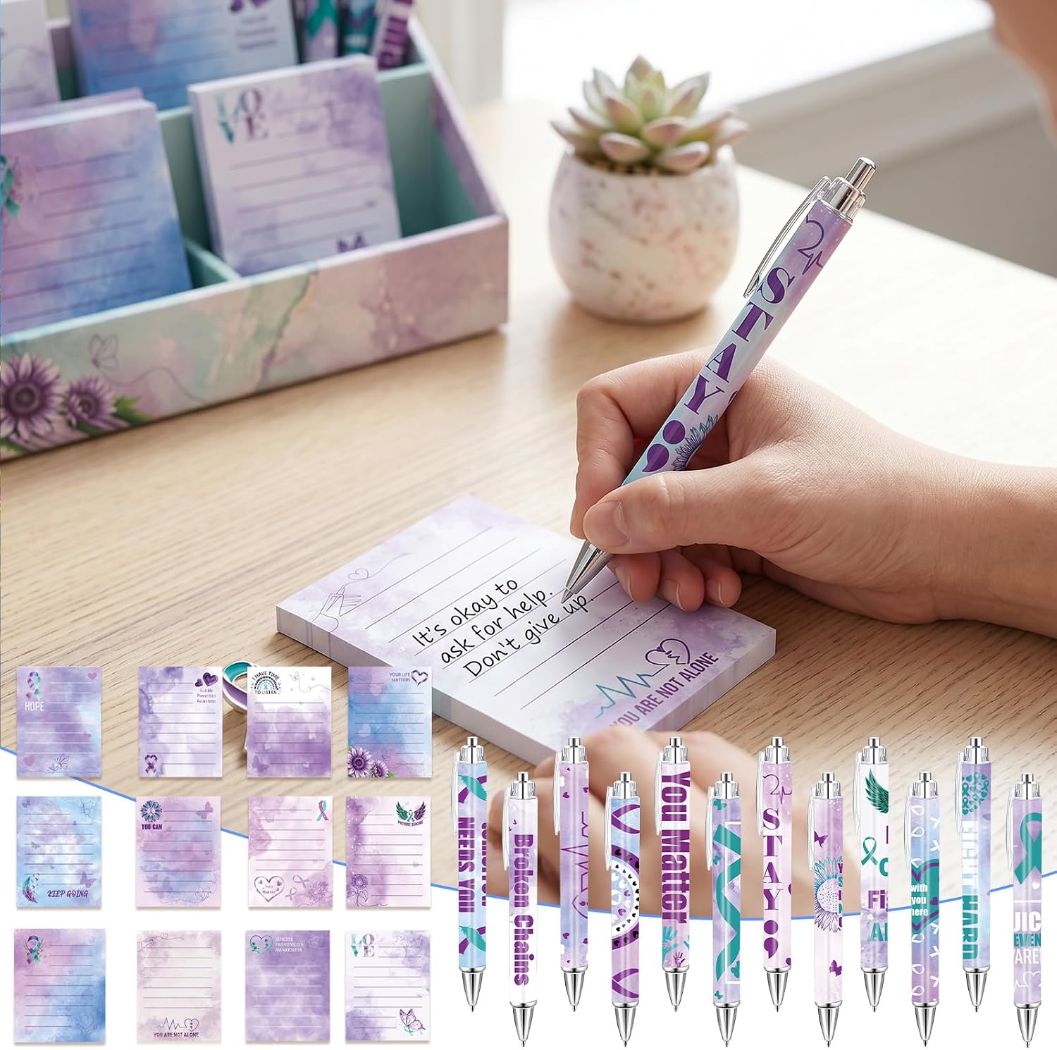 24 Pcs Suicide Prevention Awareness Set, Retractable Ballpoint Pens with Teal and Purple Ribbon & Sticky Notes, Inspirational Mental Health Gift for Depressed People Teachers School image 5