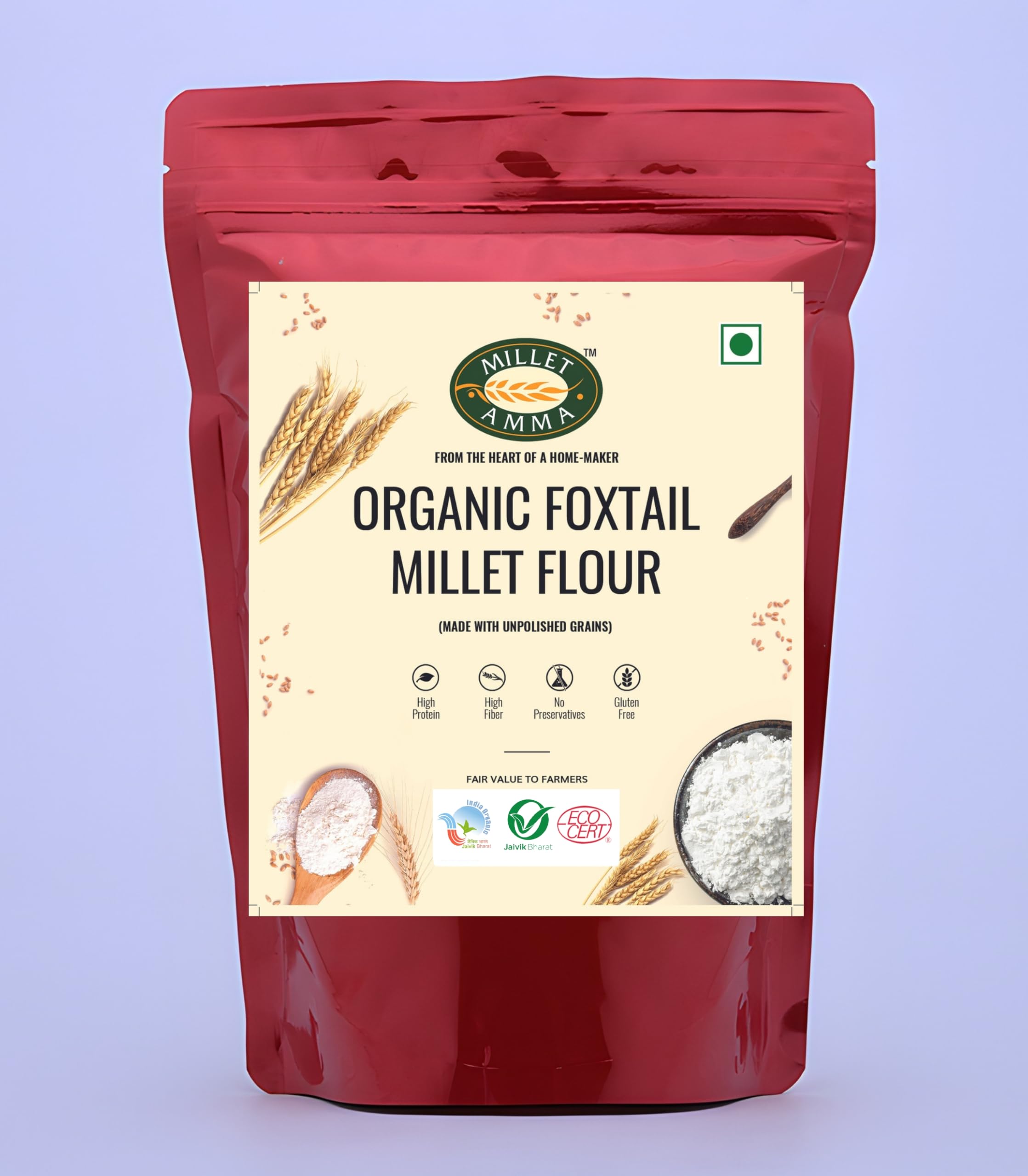 Millet Amma CERTIFIED ORGANIC Foxtail Millet Flour | 1 Kg (500gms x 2 Packs) | Made with Unpolished Millet | Suitable for Multiple Millet Recipes (Pongal, Dhokla, Porridge) | High Fiber & Rich in Iron-image-45