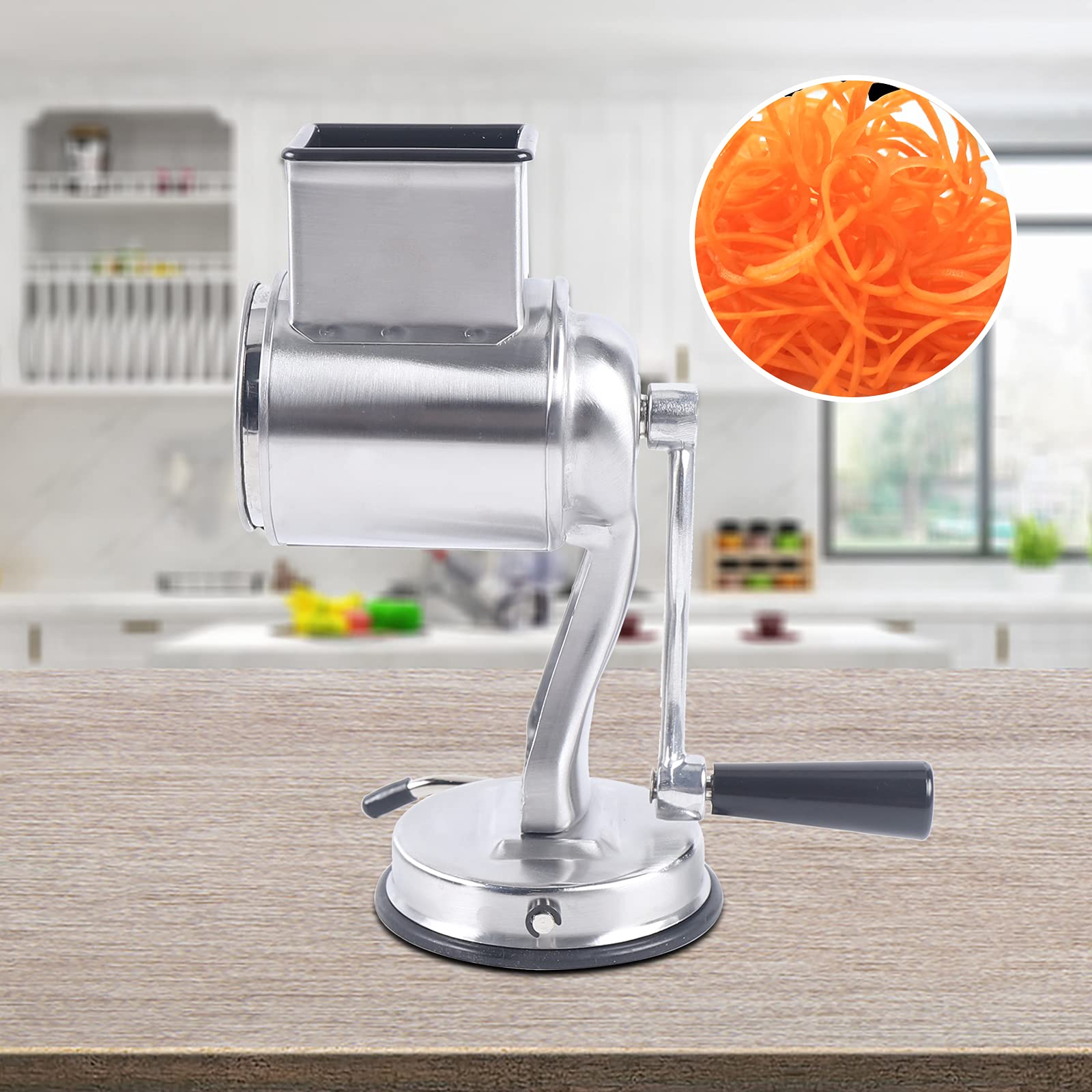 Grattugia a tamburo in acciaio inox, set di grattugia a tamburo girevole, per cucina e verdure, grattugia per formaggi con 5 diverse lame, in acciaio inox, argento
