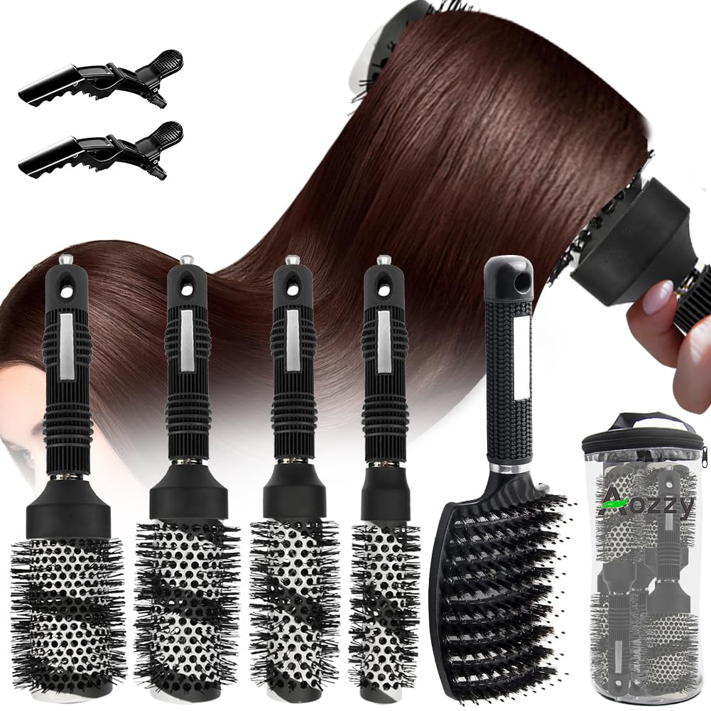 Round Brush for Blow Drying with Boar Bristle Hair Brush Set Thermal Ceramic & Ionic Tech Large+Samll Round brushes Set for Girls/Women Salon Blowout & Styling,Curling Ideal Short and long Hair