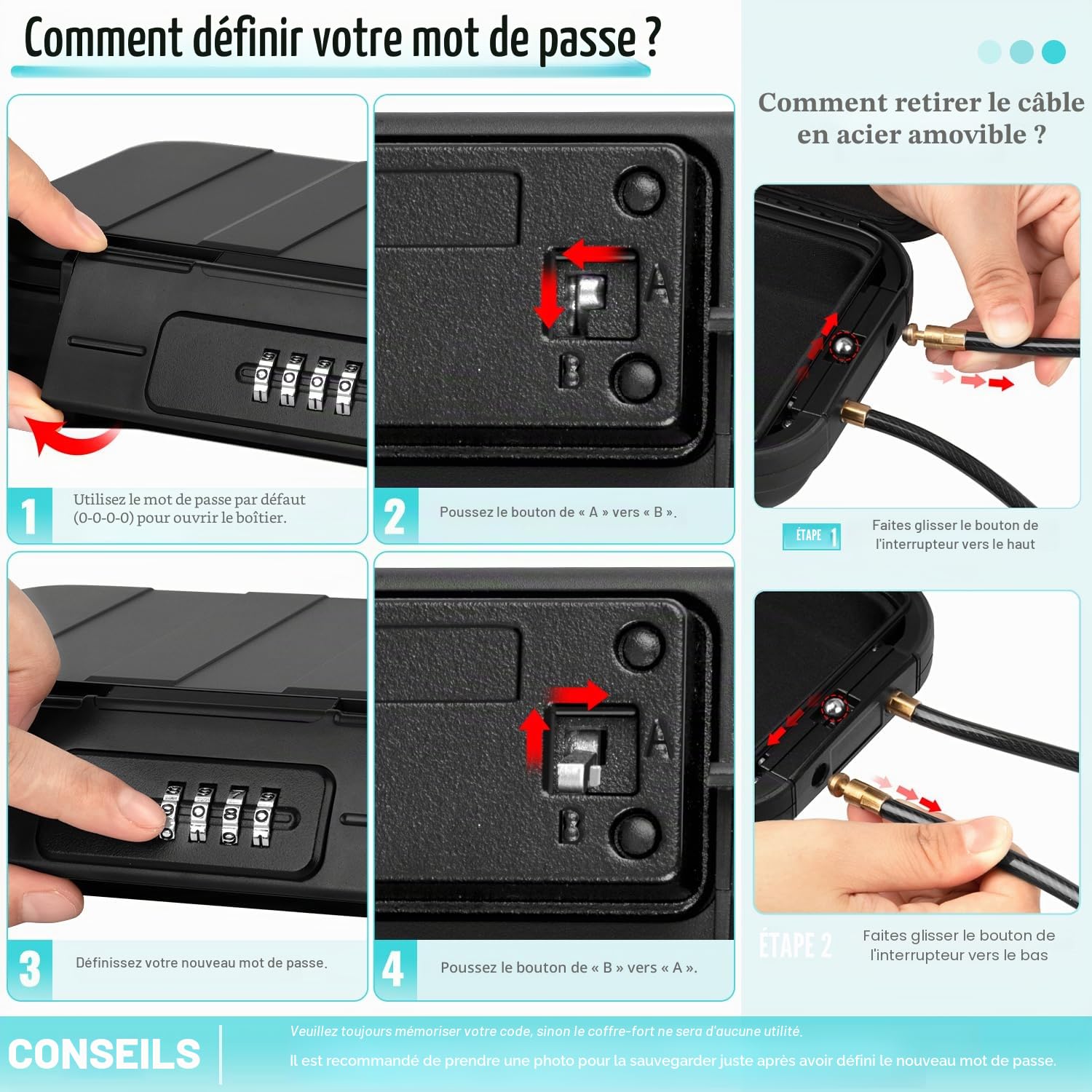 Coffre-fort Portable Sécurisé Mini Coffre Fort de Voyage Étanche Antivol avec Câble Métallique Amovible pour La Maison, Bureau, Hôtel, Voyages, etc.(Noir)