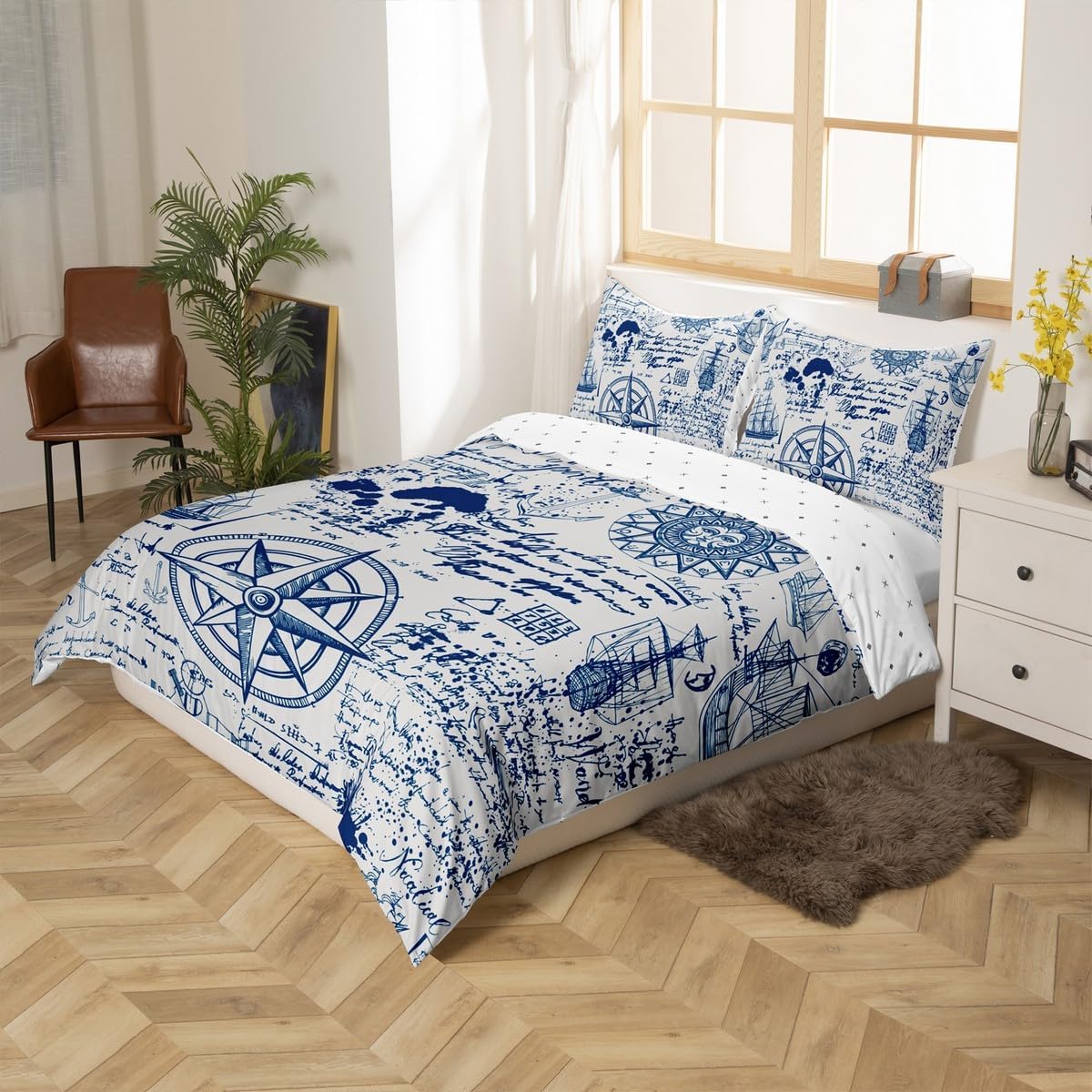 jejeloiu Kids Anchor Decor Bedding Set Nautical Themed Duvet Cover for Boys Children Teens Bedroom Decor Nautical Comforter Cover Set Ocean Themed Blue Bedspread Cover 3Pcs Zipper Queen Size