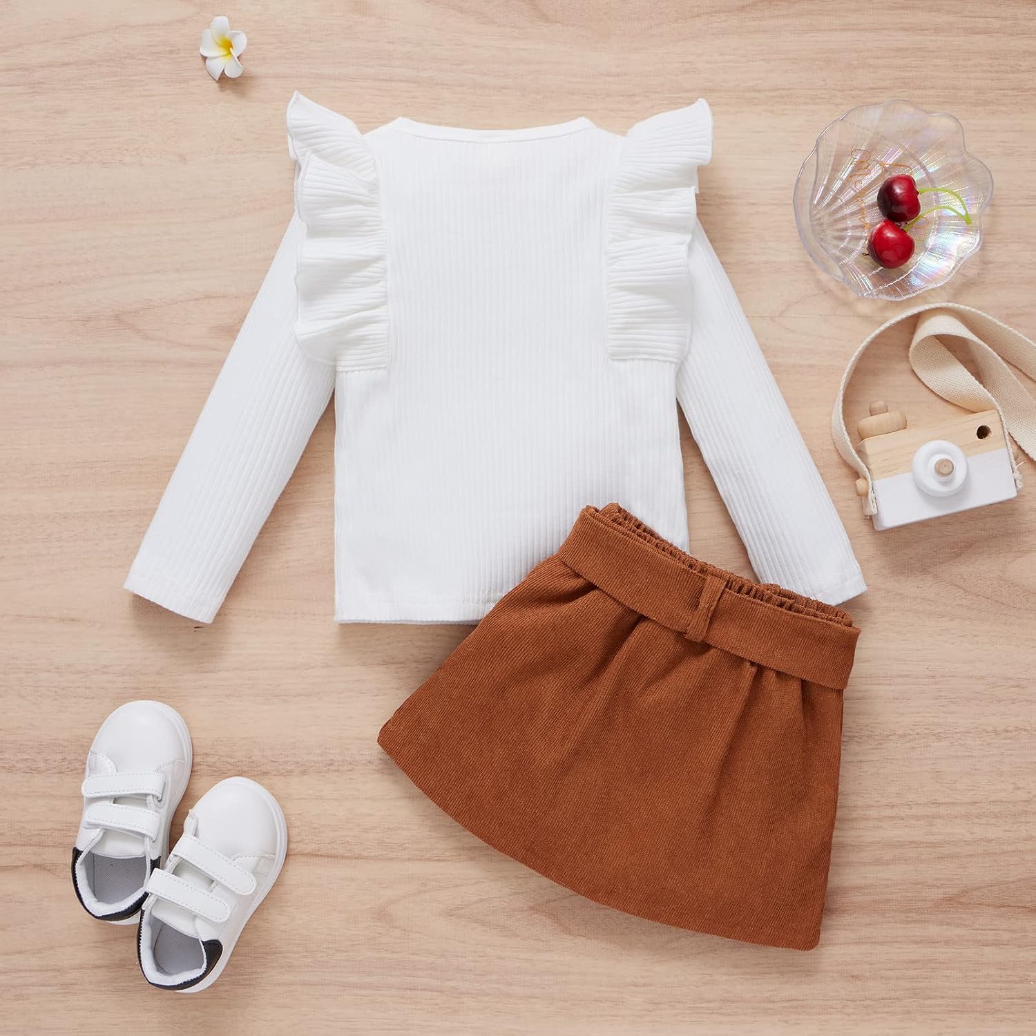 Toddler Girls Ruffle Long Sleeve Ribbed Knitted Turtleneck T-Shirt Tops Solid Bow Tie Skirt Outfits Kids Sweater Cute Baby Outfit Party Dress 12-18 Monate Y-white