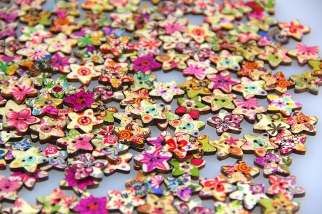 Pack of 50pcs Star Shaped Painted 2 Hole Wooden Mixed Buttons(15*18MM)