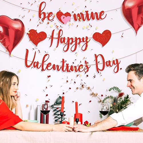 Miniatura 2 de Gifloon Cartel rojo brillante con texto en inglés Be Mine Happy Valentine con corazón, suministros de fiesta de compromiso para aniversario de boda