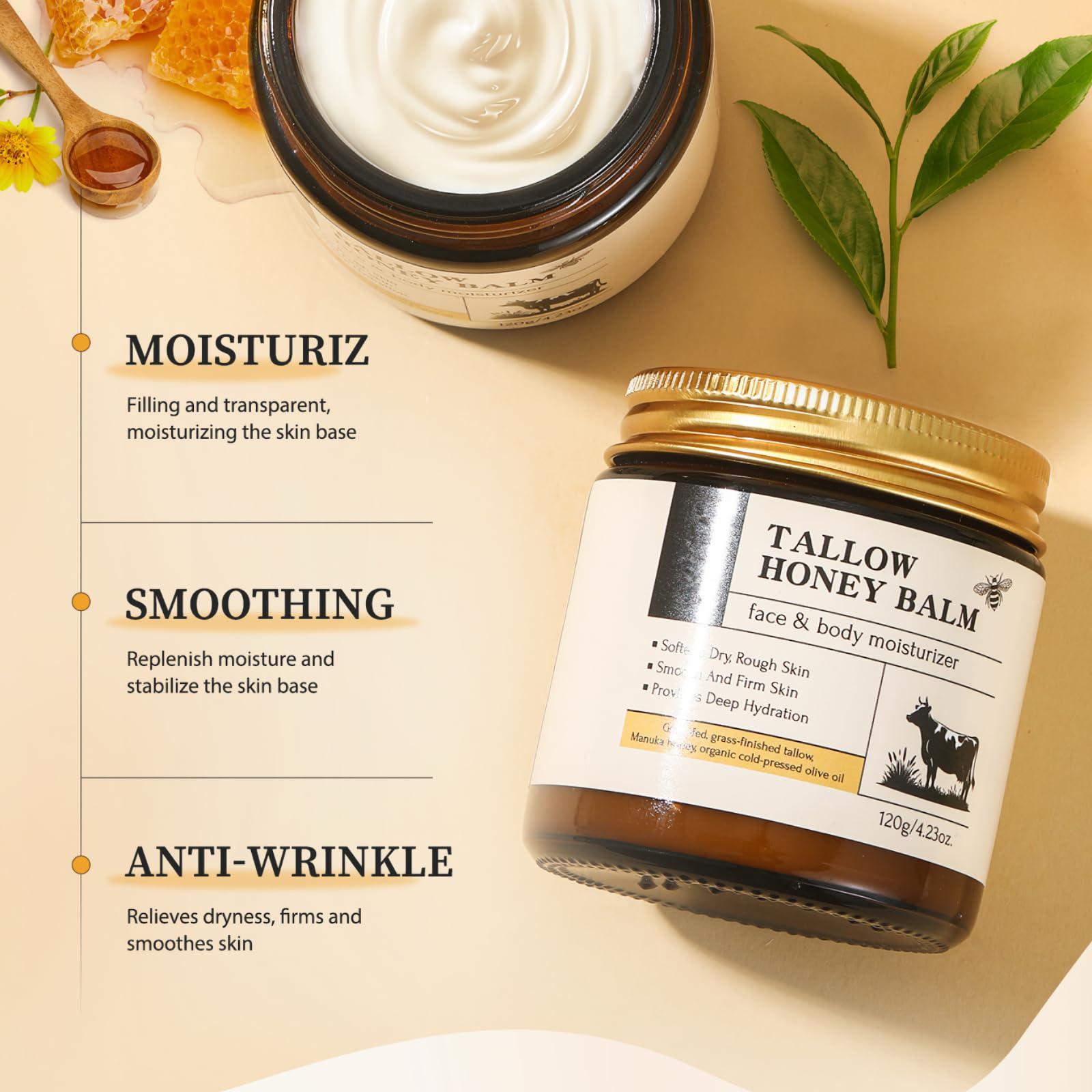 Tallow and Honey Balm for Face and Body Grass-Fed Beef Tallow Moisturizer with Manuka Honey, Deep Hydration and Nourishment, 120g - Image 2