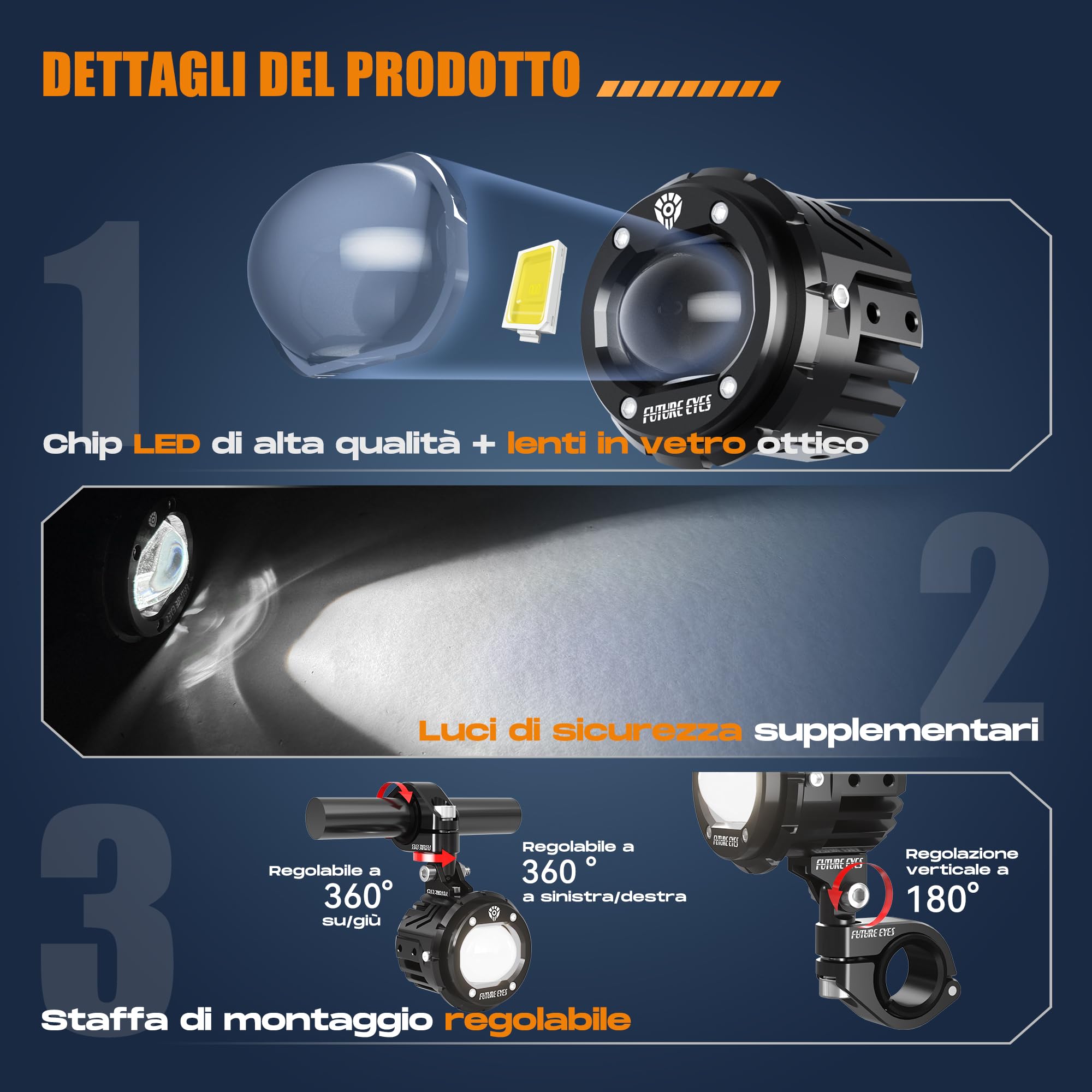 Future Eyes Fari Fendinebbia LED per Moto, Faro Ausiliario da 60W con Rotazione a 360°, Abbagliante/Anabbagliante, Luci di Guida Impermeabili per Guida Notturna, ATV, UTV e Fari per Motociclette