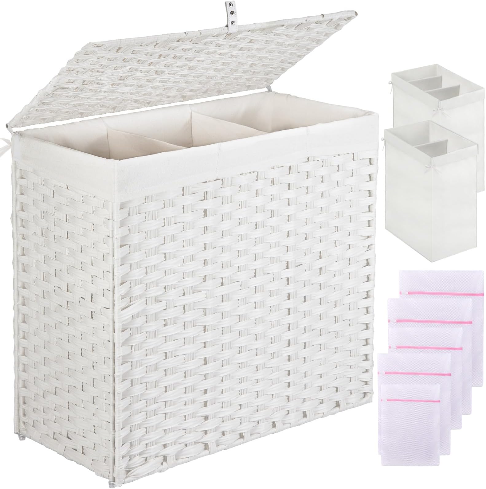 Greenstell Laundry Hamper with Lid, 125L Large Clothes Hamper with 3 Section & 2 Section Removable Liner Bags & 5 Mesh Laundry Bags, Handwoven Synthetic Rattan Divided Laundry Basket, White