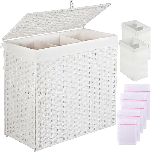 Miniatura 11 de Greenstell Cesta de ropa sucia con tapa, cesta grande de ropa de 125L con 3 secciones y bolsas de forro extraíbles de 2 secciones y 5 bolsas