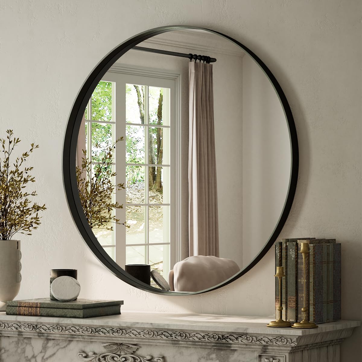 Koonmi runder Wandspiegel 120 cm, tiefer Metallrahmen, Schwarz | Badspiegel mit gebürstetem Rahmen für Badezimmer, Wohnzimmer und Eingangsbereich, markantes Tiefenprofil