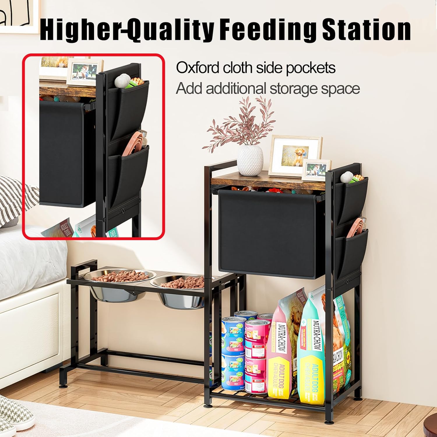 Elevated Dog Bowl with Toy Bin Basket Adjustable Raised Feeding Station Cabinet with 2 Stainless Steel Bowl Pet Storage Organizer for Small Medium Large Dogs and Cats with Non-Slip Mats