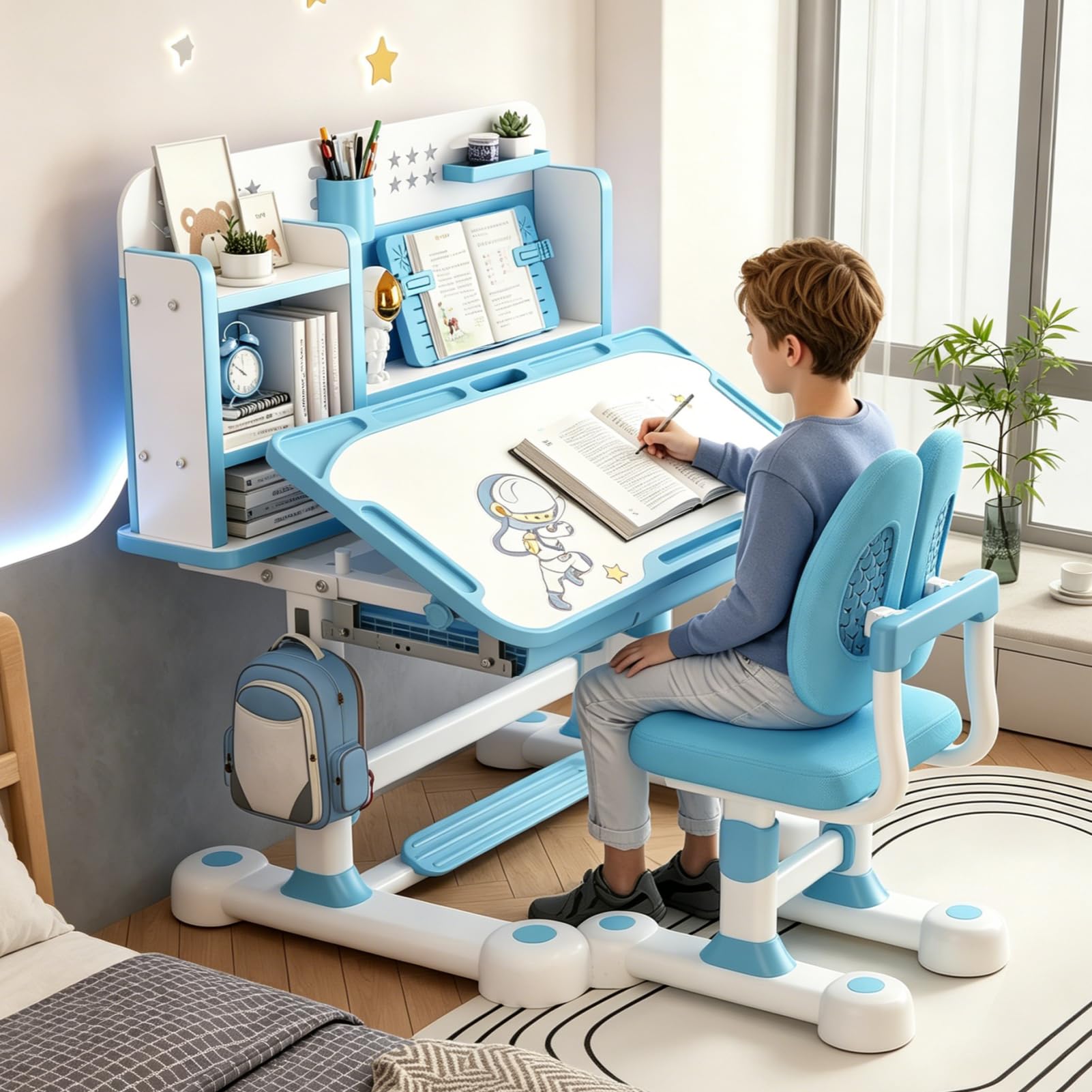 Set di scrivania e sedia per bambini, scrivania per bambini regolabile in altezza con piano di 80 cm, divisorio scientifico, cassetti, scaffale, perfetto per rosa
