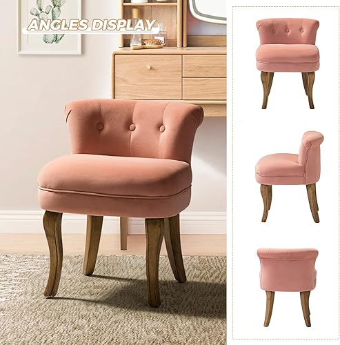 Miniatura 7 de HULALA HOME Velvet Vanity Stool with Low Back, Modern Vanity Chair with Solid Wood Legs, Small Upholstered Makeup Chair Home Decor for Bedroom
