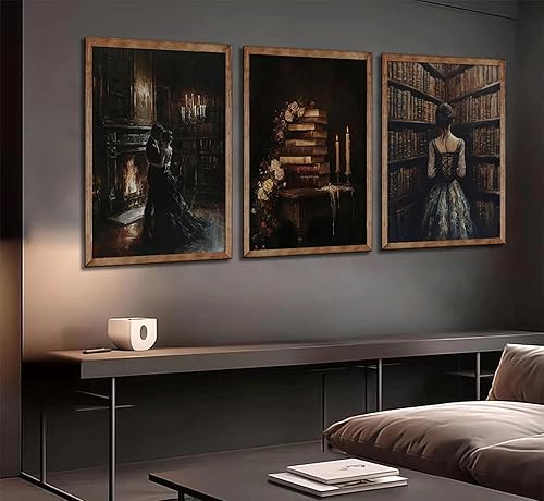 Miniatura 4 de 3 piezas de lienzo vintage de biblioteca, arte de pared, arte gótico oscuro, academia, estética, impresiones de pinturas victorianas de libros