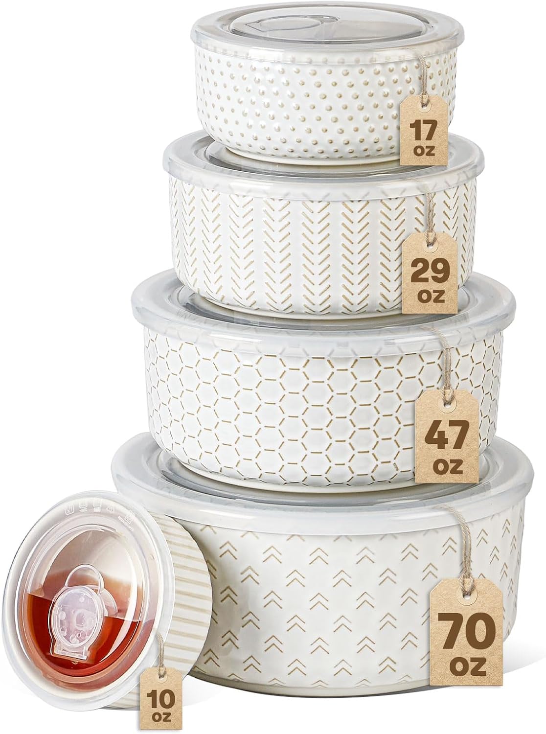 Lareina Ceramic Serving Bowls with Lids, 5-Piece Food Storage Set, White