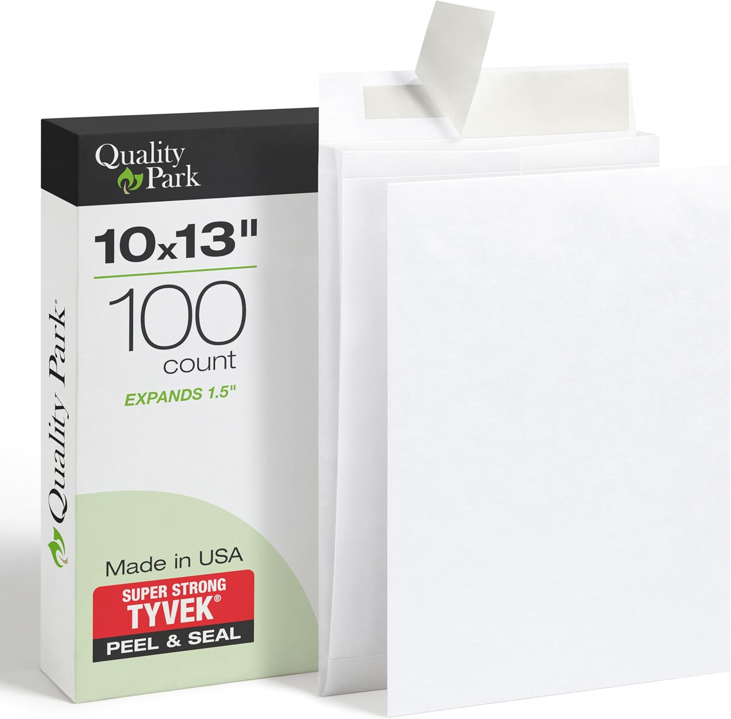 Quality Park Tyvek Envelopes, 100 Pack, Large 10 x 13 Mailers, 1.5 Inch Expansion, Rip, Puncture & Water Resistant Self Sealing Mailing Bags for Lightweight Shipping, White