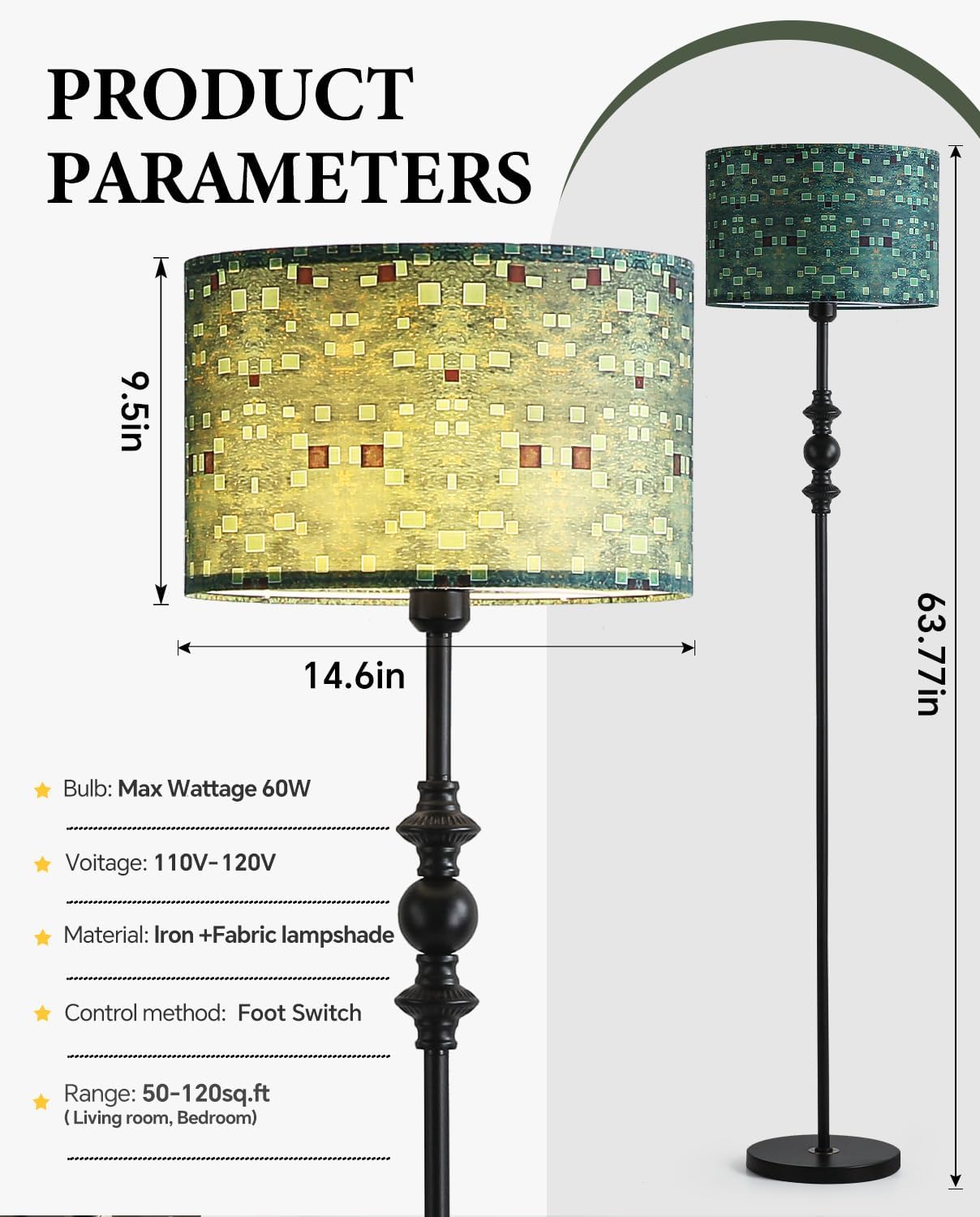 Vintage 63” Tall Floor Lamp for Living Room Bedroom, with Green Print Shade, Green Mid Century Modern Floor Lamp for Bedroom Office
