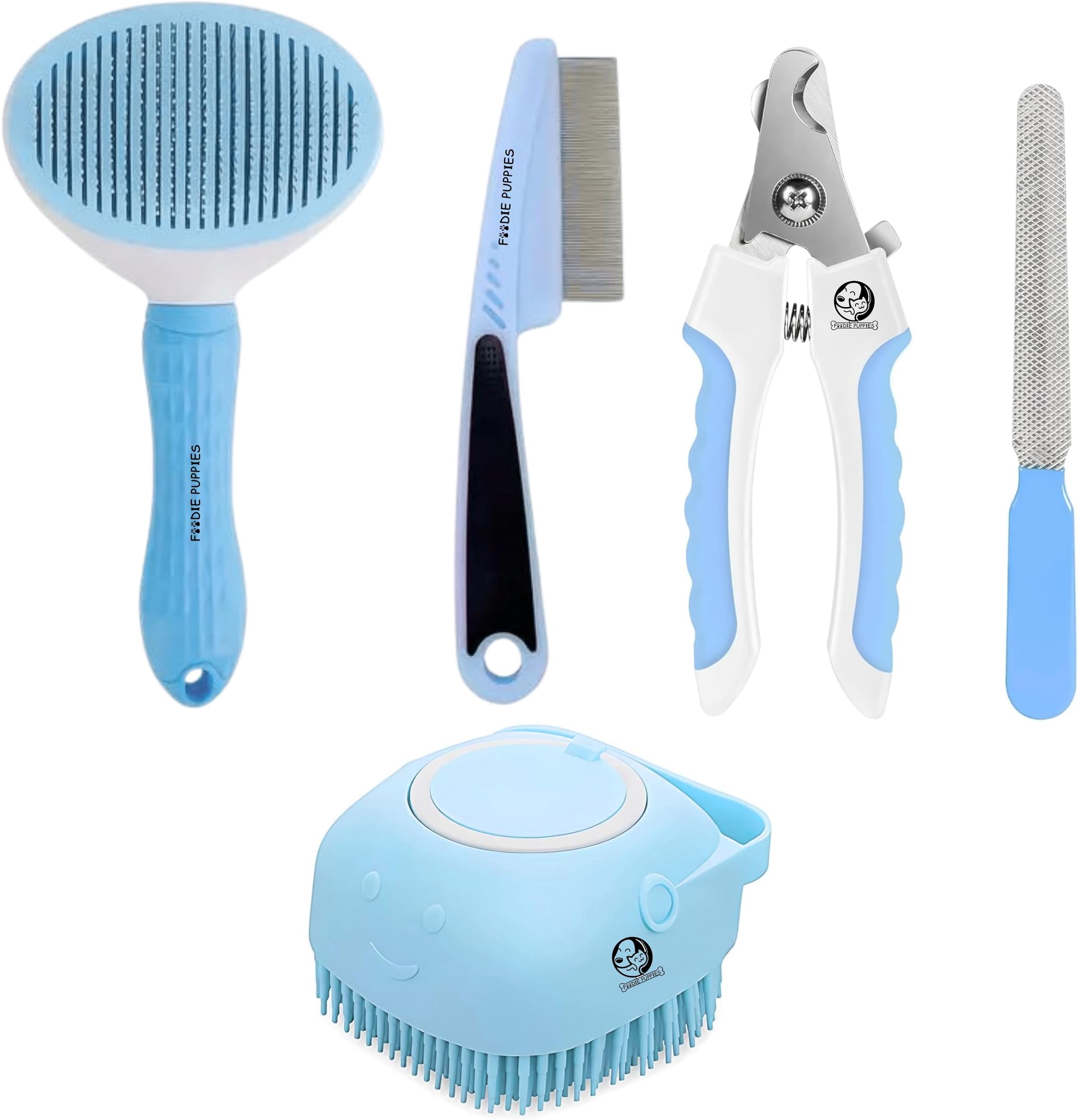 Foodie Puppies 4-in-1 Pet Grooming Kit for Dogs & Cats – Oval Slicker Brush, Flea Comb, Silicone Bath Brush, Nail Clipper & Filer | Self-Cleaning Tools for Hair Removal and Grooming (Color May Vary)