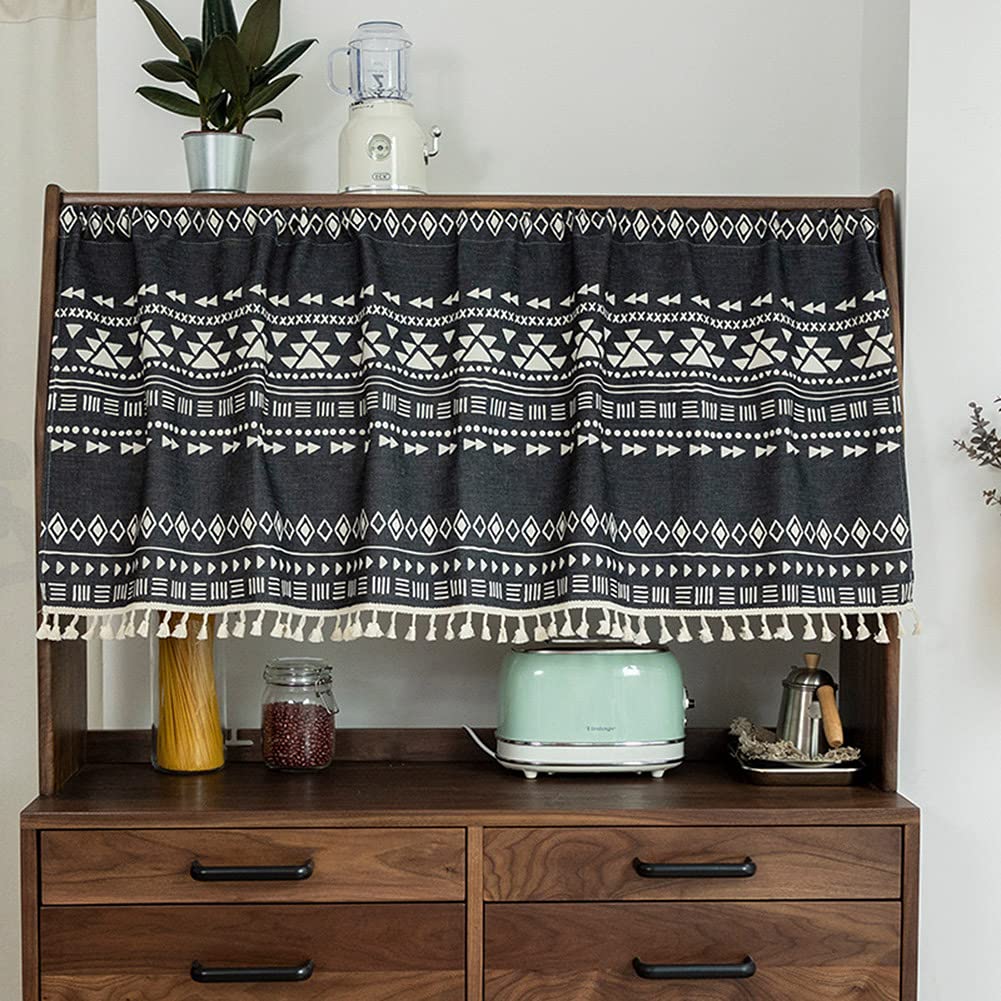 CRYSEU Short Curtains, Retro Rustic Kitchen Window Short Curtains, Black White Geometric Pattern Curtain Valance with Tassels(W143xH45cm/W56xH18in)