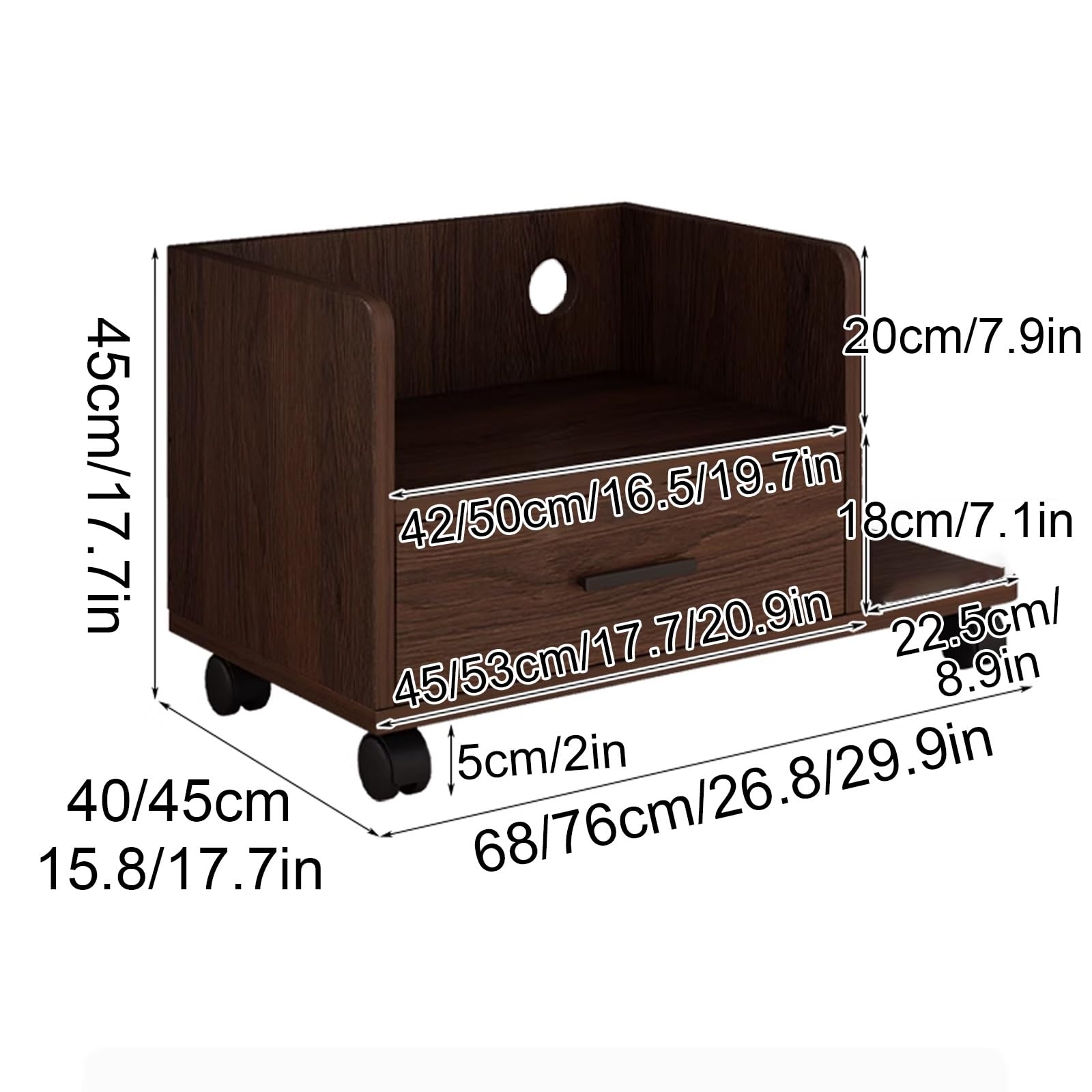 Mesa para Impresora con Ruedas Tablero Ecológico de Madera Maciza Muebles Oficina con Cajones de Almacenamiento para Hogar Estudio Montaje Flexible(Natural,53 * 40 * 45cm)