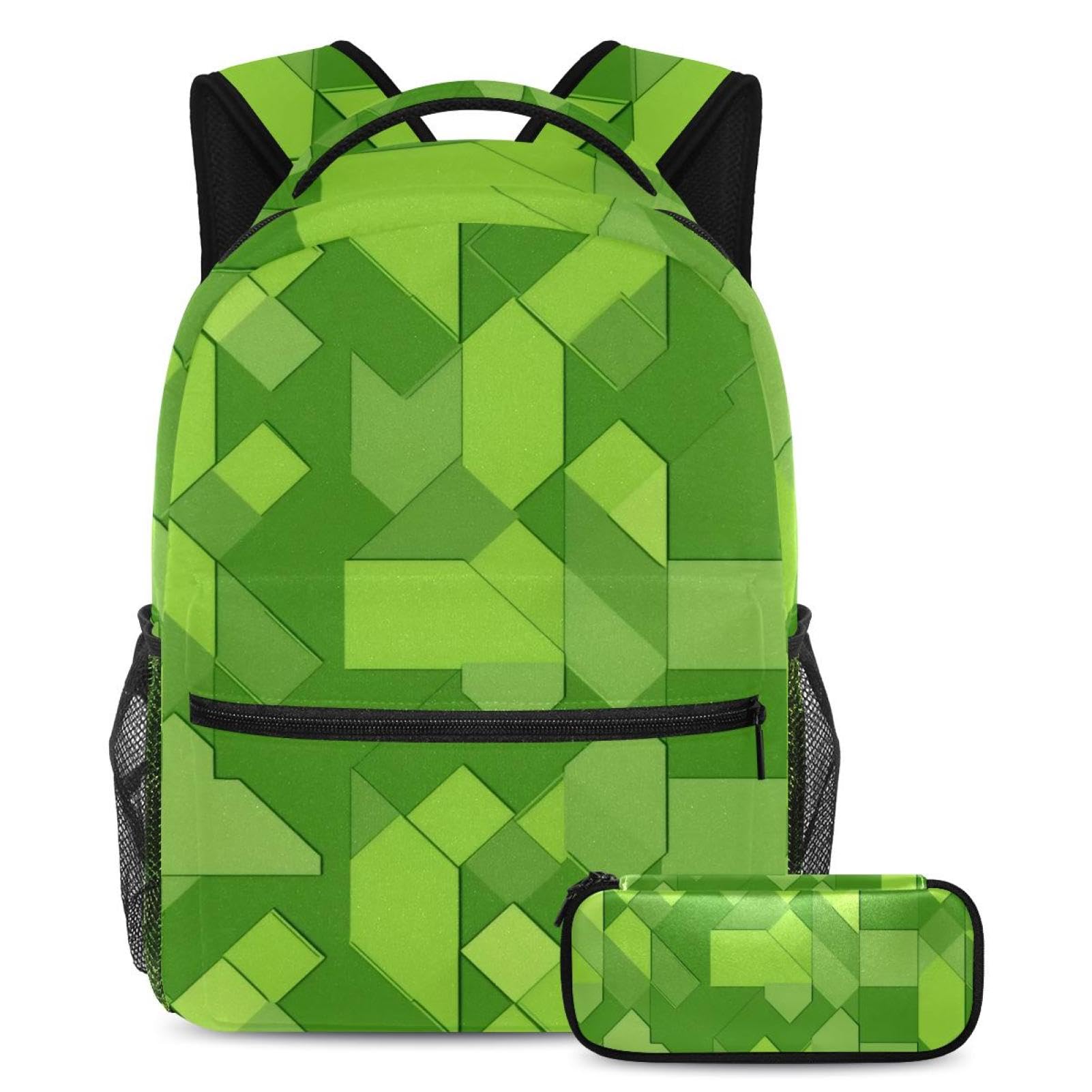 Sac à dos avec trousse pour étudiants motif géométrique vert multicolore cartable enfant