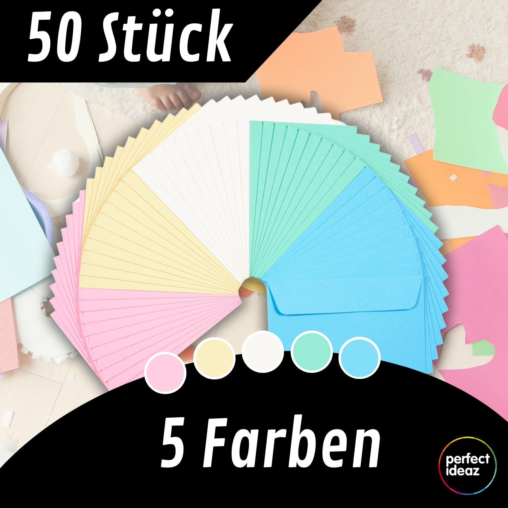 perfect ideaz - 50 kopert pastelowych DIN-C6 bez okienka, do DIN A6 z papieru z recyklingu, 5 kolorów, Made in Germany