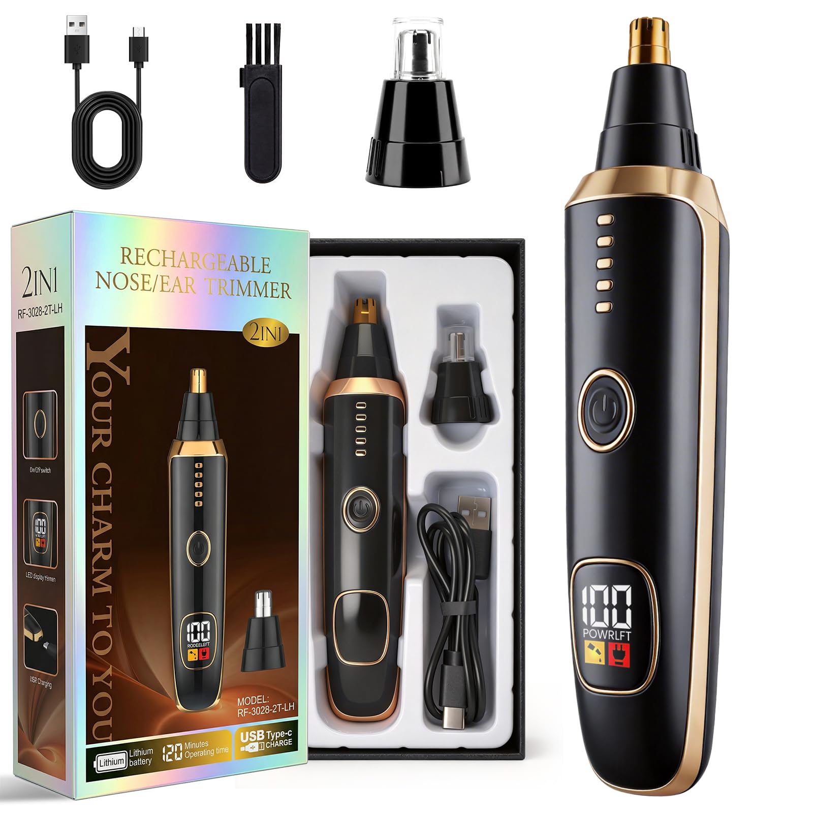 Nose &amp; Ear Hair Trimmer with LED Display for Men and Women, 2026 USB Rechargeable Facial Trimmer Clipper for Easy Cleansing, Portable Painless Grooming Kit,Gift Box Included (Black Gold)