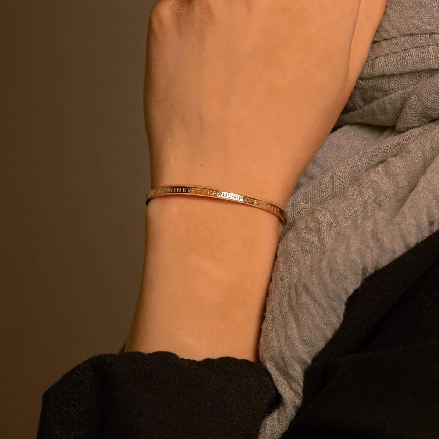 ZUDO Verily With Every Hardship Comes Ease Cuff | Quranic Reminder Bracelet | 18K Gold, 18K Rose Gold, Silver Rhodium, and Black PVD Coated Stainless Steel | Adjustable Unisex Design