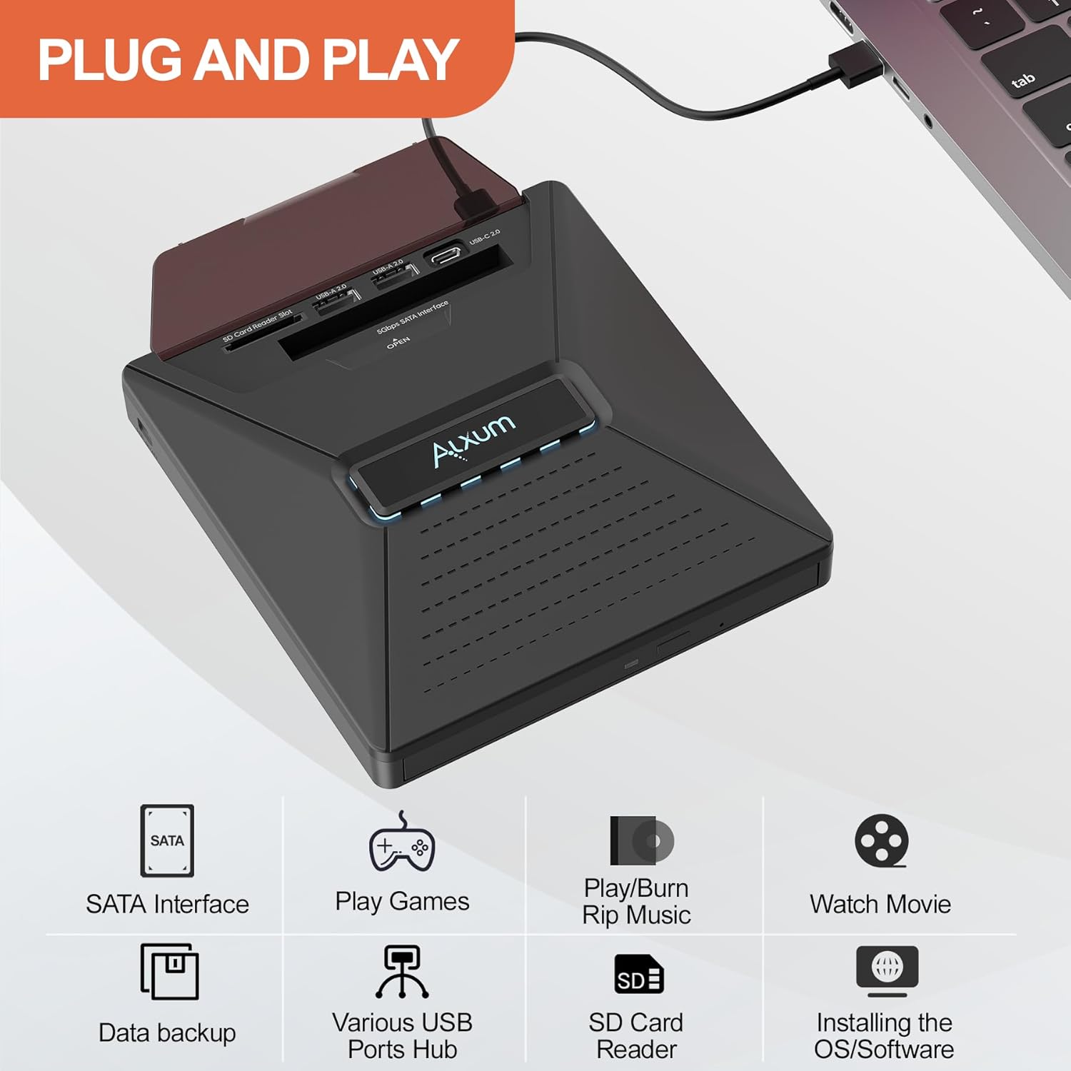 Alxum External CD DVD Drive connected to laptop, showing plug and play functionality