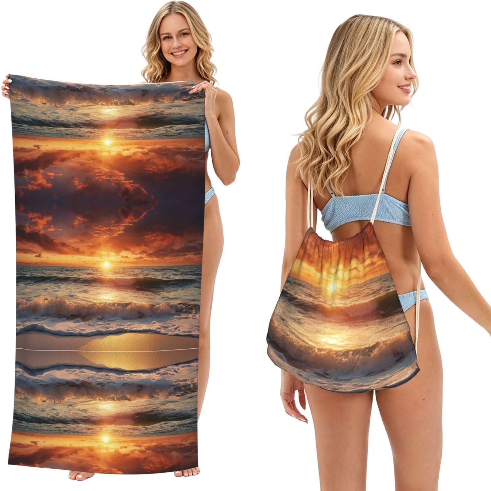EZDLOWVBA Sunset Beach Print Beach Towel Backpack 2 In 1 Summer Large Lightweight Beach Towel - Multifunctional Ship Pattern Towel Bag For Storage,Sport