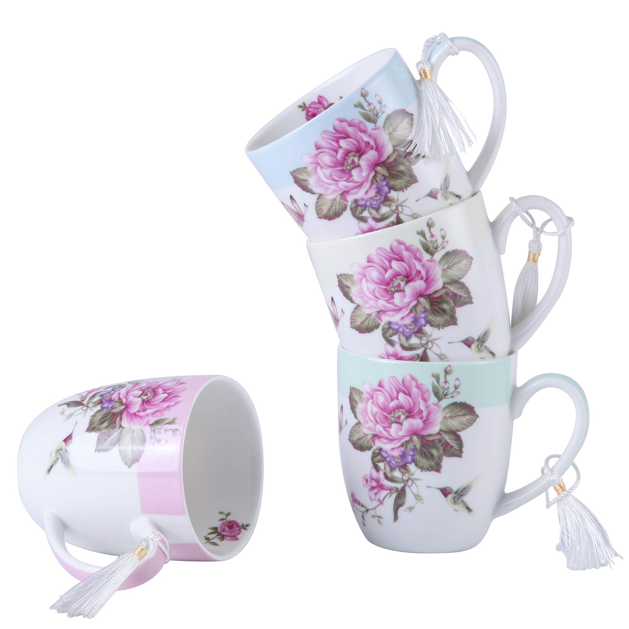 Tea Coffee Cup Mug Set 4 Ceramic Porcelain Bird Rose Butterfly Shabby Chic Design in Gift Box 330ML (1 Set) - Image 2