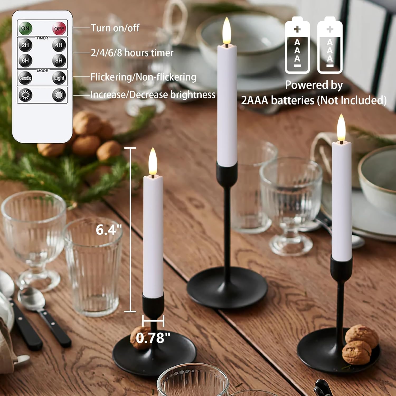 Yeelida Flameless Taper Candles with Two Remote Timer, 6.4" LED 3D-Wick Window Candles, Flickering Long-Lasting Electric Pack of 8 Flameless Candlesticks (0.78" Dia, White)