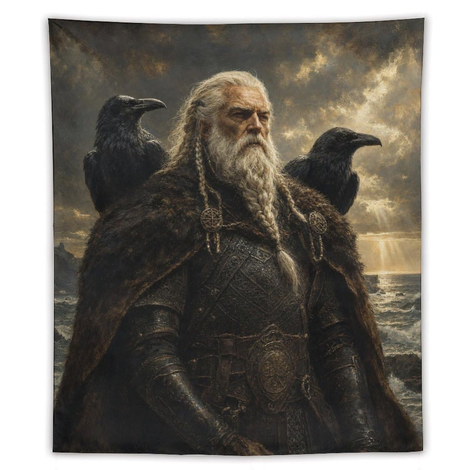 W7C8U2X3 Odin with Ravens Wall Tapestry, Realistic Illustration Style