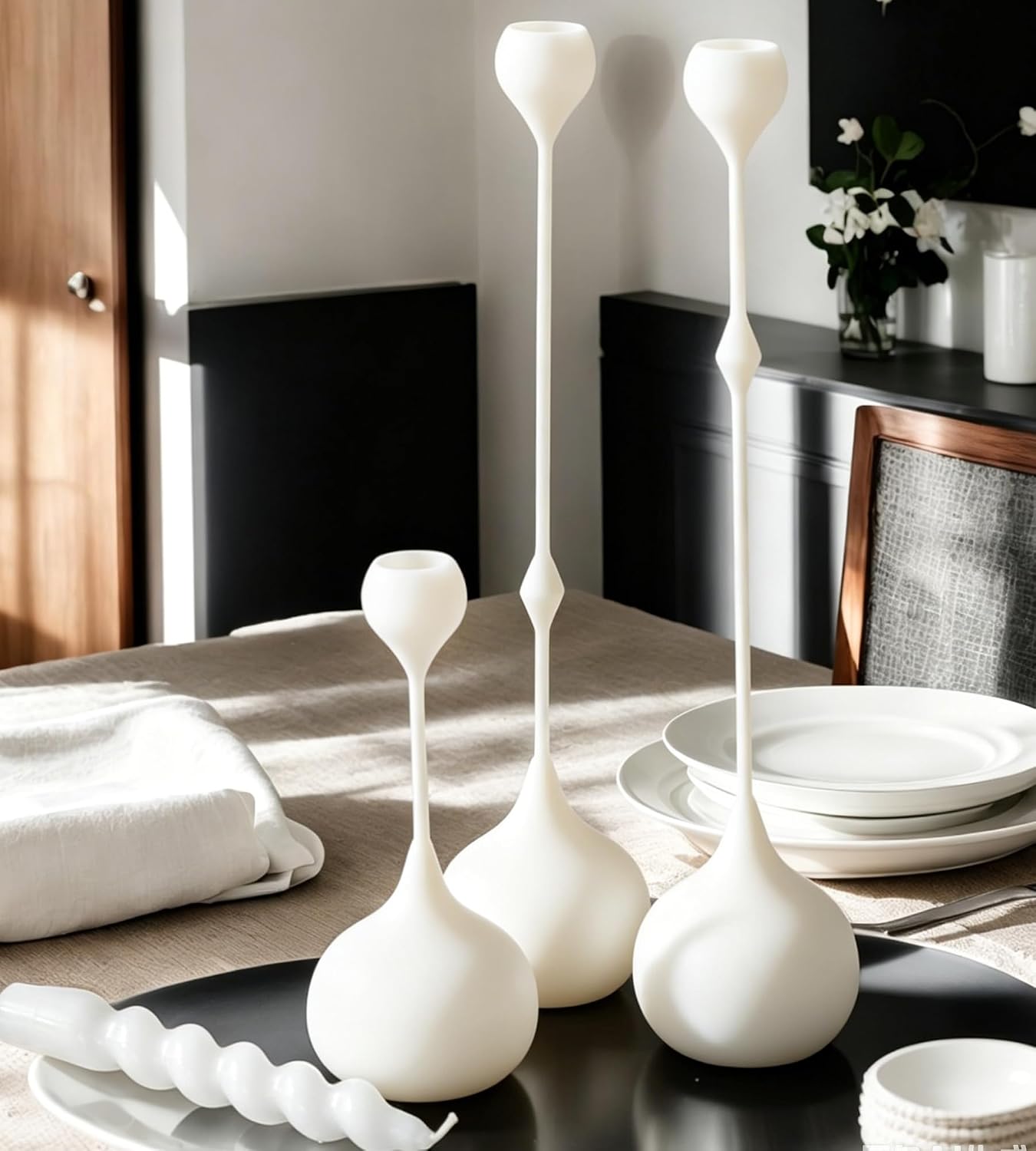 Candle Holders Set of 3 - Taper Candle Holders for Table Decor, Elegant Minimalist Design, Perfect for Weddings, Parties, and Home Decor (White)