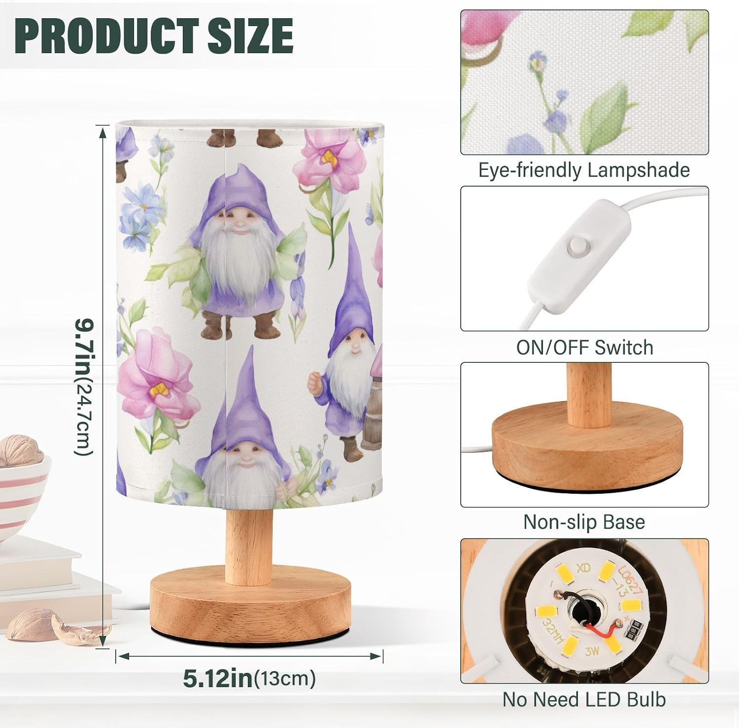 Bedside Lamp Purple Gnome Flower Table Lamp with USB Port Wood Base for Living, 5.12x9.7in/13x24.7cm, 214B2859