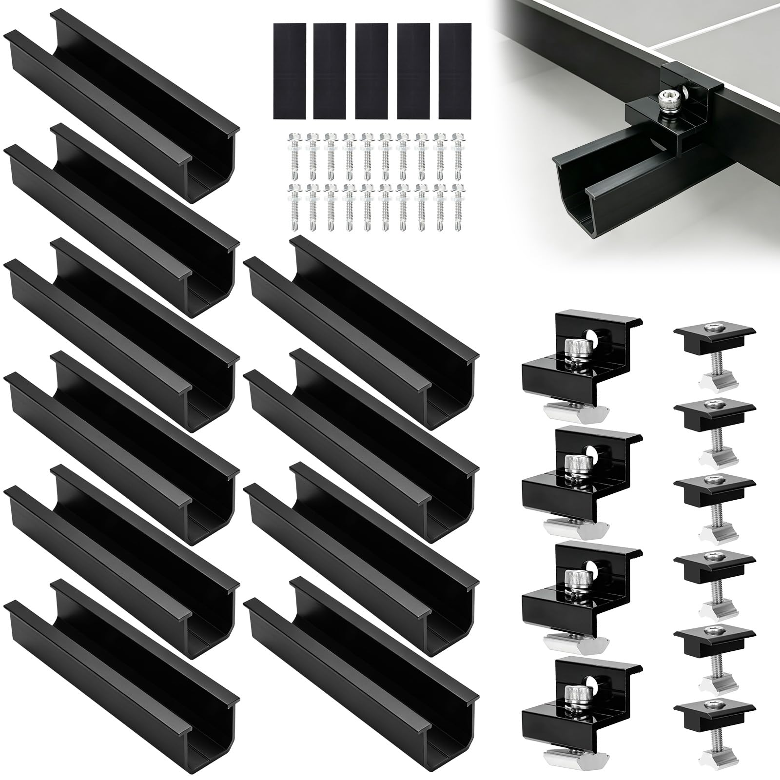 Kit de montage pour 4 panneaux solaires | Rail noir 12 cm + pince réglable | Rail noir 12cm+pince réglable pour épaisseur 30-35mm|Support aluminium pour toit plat, tôle trapézoïdale, toiture métallique