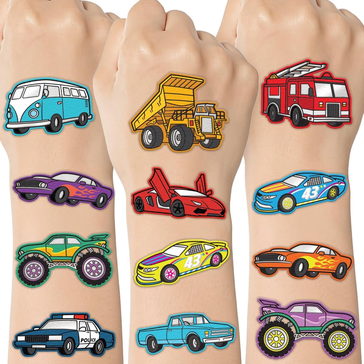 Cars and Trucks Temporary Tattoos for Kids - 42 Foil style | Birthday Party Supplies, Race Car Party Favors + Construction Decor