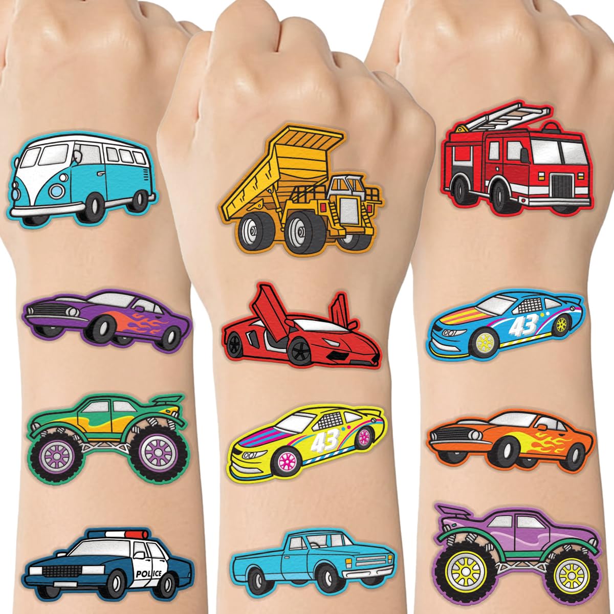 Tatuajes temporales metálicos con purpurina para niños, suministros de fiesta, 4 hojas, 60 estilos brillantes, camiones, carreras de coches, líneas de acabado, llamas, trofeo Tatuajes temporales metálicos con purpurina para niños, suministros de fiesta, 4 hojas, 60 estilos brillantes, camiones, carreras de coches, líneas de acabado, llamas, trofeo
