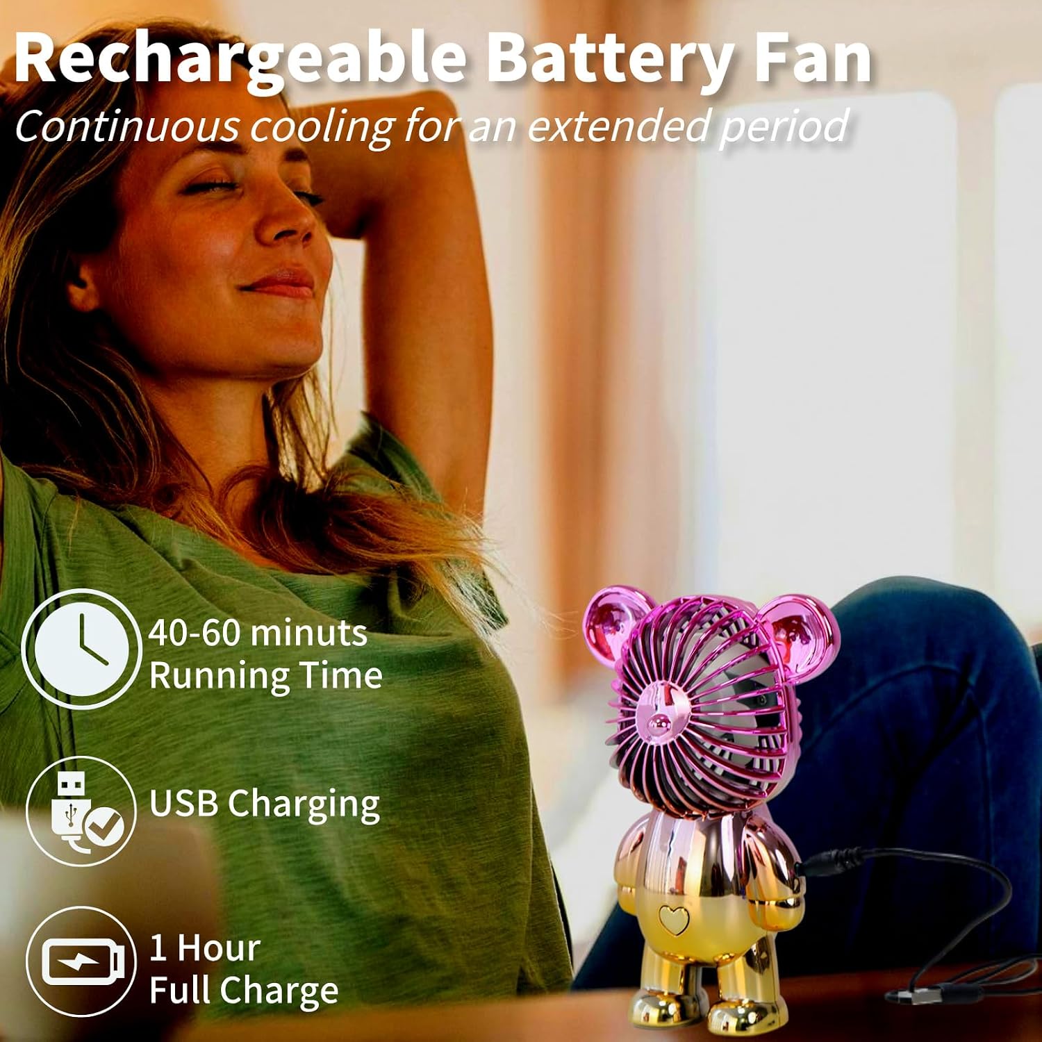Generic Handheld Mini Fan, Portable Personal Bear Fan USB Rechargeable Battery Powered Desk Fan with 3 Speeds Adjustable for Home, Outdoor, Office, Travel, Summer, Kids Girls (Gold), Small image 3