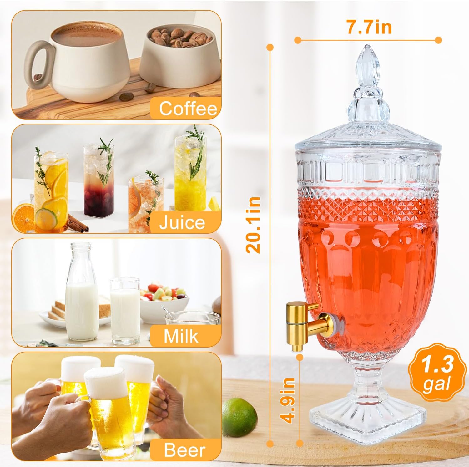 1.3 Gallon Glass Drink Dispenser, Glass Beverage Dispenser with Spigot for Party Bar Wedding, Crystal Collection Jug, Wide Mouth with Lid, Iced Beverage Dispensers (1.3gal Glass relief) - Image 2
