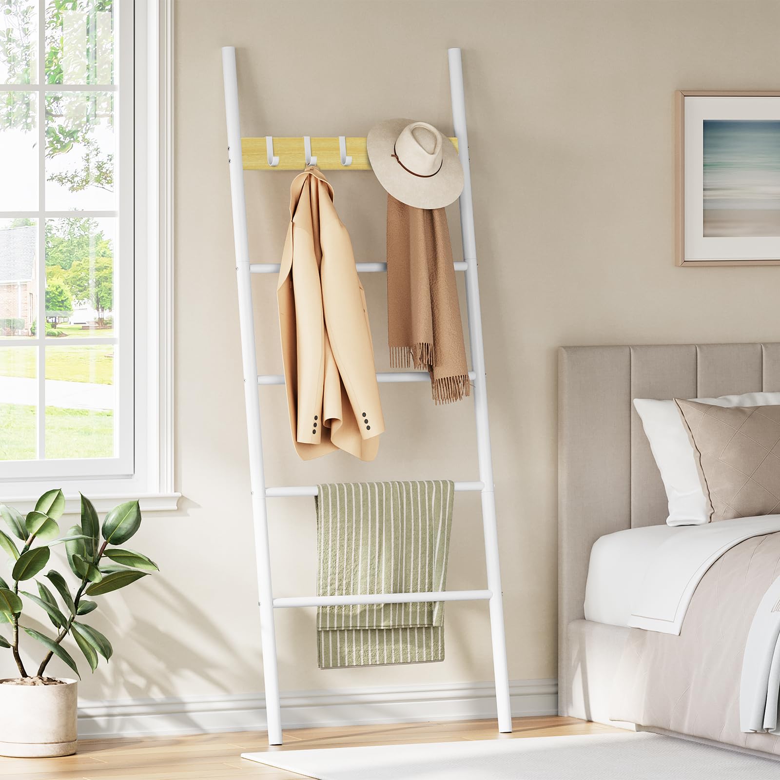 HOOBRO Portasciugamani, Portasalviette Bagno, Porta Asciugamani con 5 Staccabile Ganci, 60 x 2 x 177cm, per Asciugamani, Vestiti o giornali, Stabile, Bianco e Naturale EWN60CJ01