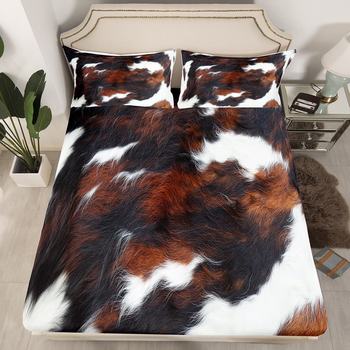 Juego de sábanas con estampado de piel de vaca para niños, color marrón y blanco, con bolsillo profundo, sábana bajera ajustable, juego de sábanas de animales de granja, juego de ropa de cama