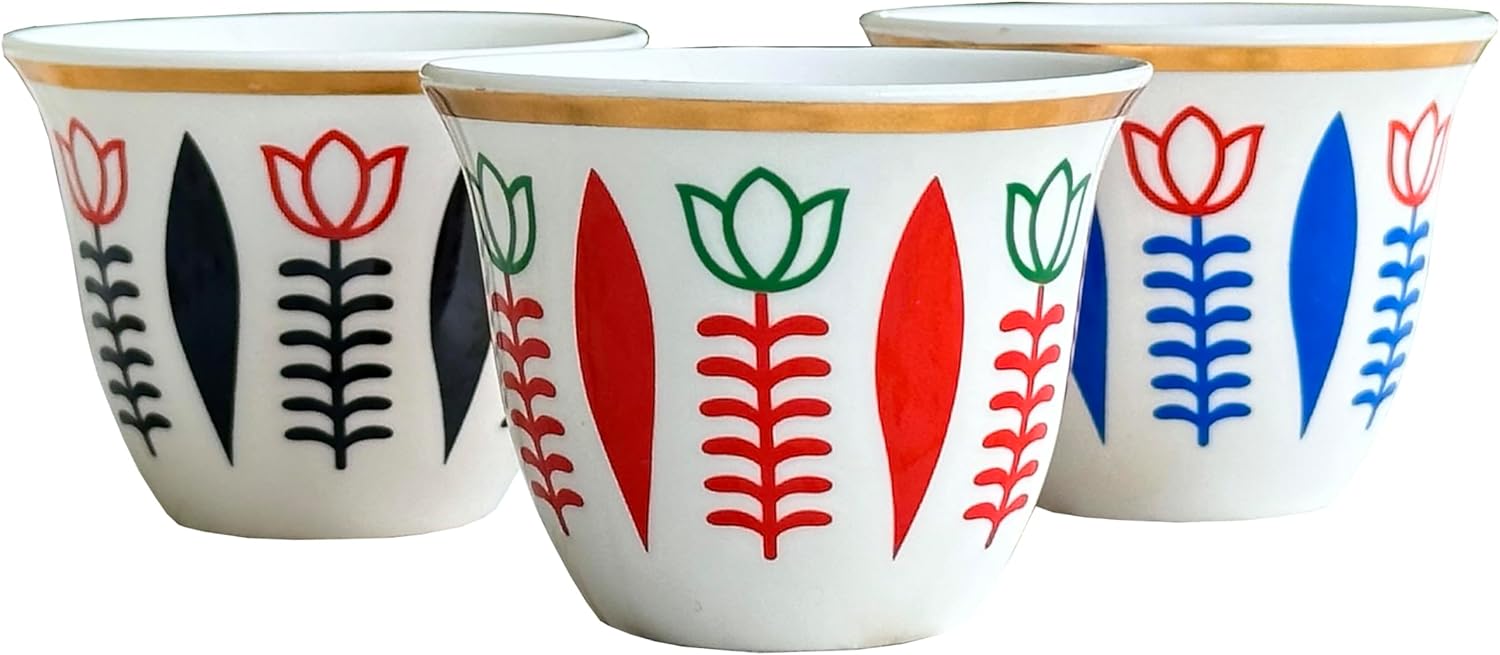 12x Lebanese Coffee Cups from Lebanon - Traditional Shaffe Design in Red, Blue, or Black (Mixed)