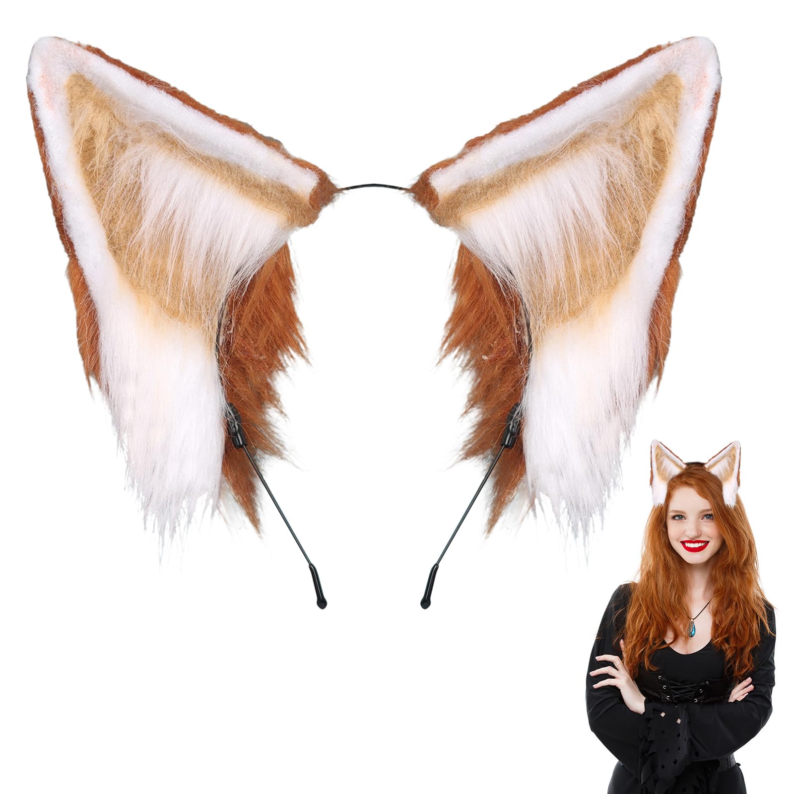 Minicloss Faux Fur Fox Wolf Ears Headband Handmade Furry Animal Ear Hairband Animal Cosplay Hair Hoop Women Men Head Accessories for Halloween Cosplay Costume Party(Brown White)